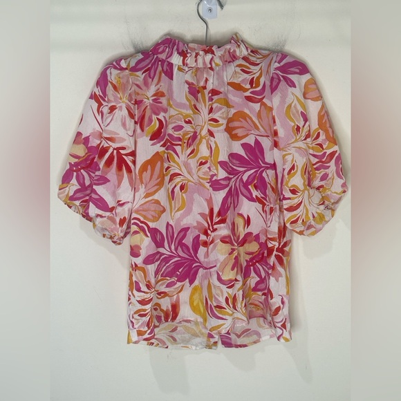 THML Floral Puff Sleeve Blouse Medium Pink Orange Tropical Ruffle Neck - Picture 3 of 16